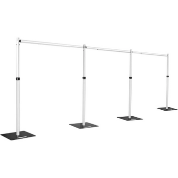 Pipe and drape backdrop stand for event rental, extended lengths, with adjustable frame.