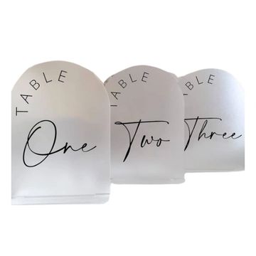 Table numbers with a frosted look with black lettering and black numbers.
