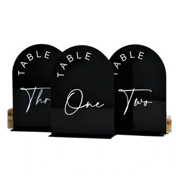 Table numbers with black base and white lettering and white numbers.