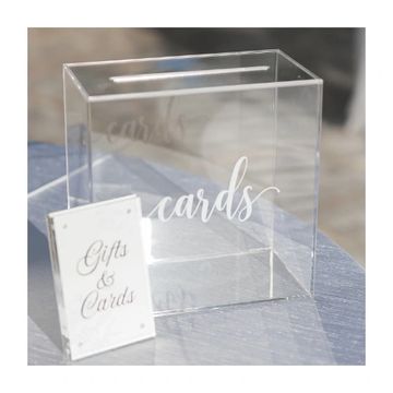 Square acrylic card box with a clear base with white lettering.