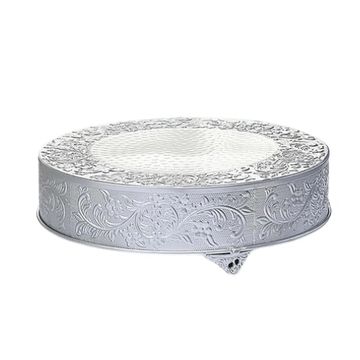 Round silver embossed metal stand used for displaying