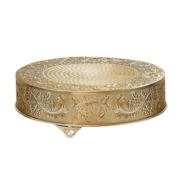 Round gold embossed metal stand used for display