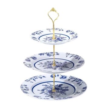 round 3 tiered blue floral stand used for displaying