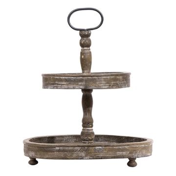 round wooden distressed two tiered stand used for display