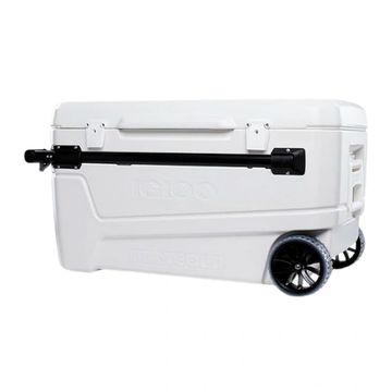 White cooler with wheels and a with black handle.