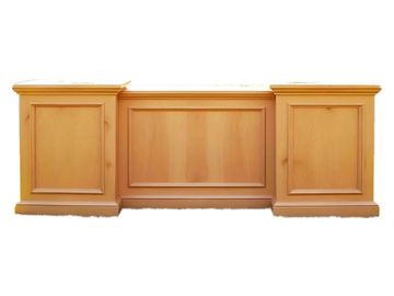 Custom event rental, large bar unpainted wood with molding details.