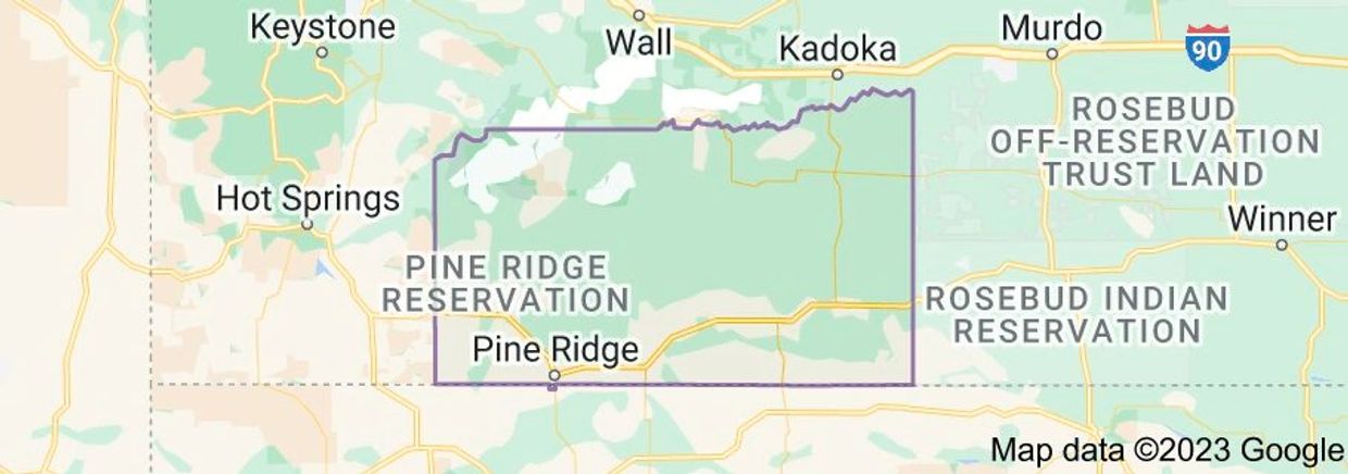 Map showing Pine Ridge and Rosebud Indian Reservations in South Dakota.