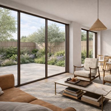 Bright modern living room with large glass sliding doors and garden view.