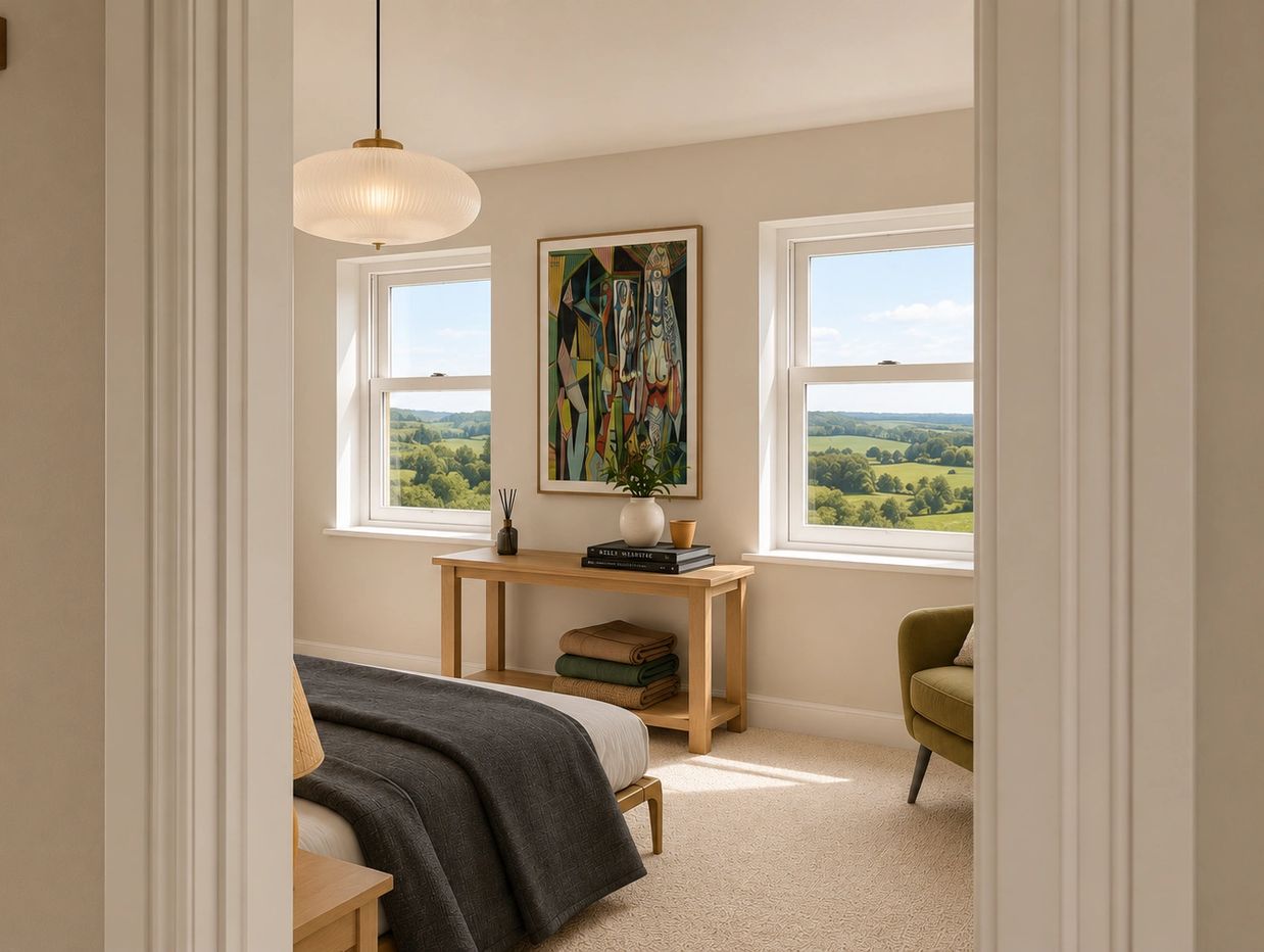 Cozy bedroom with countryside view and modern decor.
