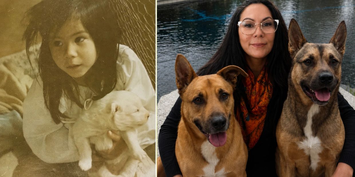 A girl with a puppy and a woman with two dogs years later.