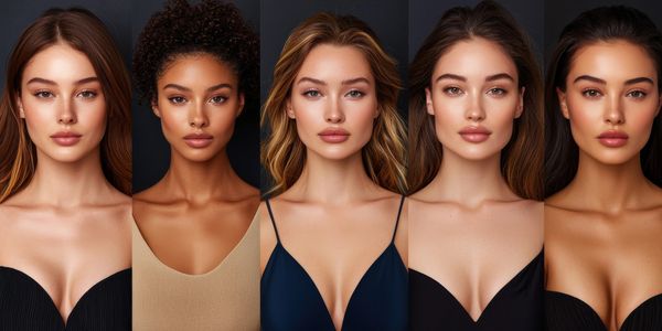 Five diverse women posing against a dark background with elegant makeup and outfits.