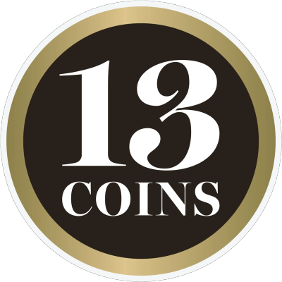 Logo with '13 COINS' in white on a black and gold circular background.