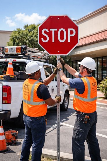 “EJ MCS LLC performing traffic sign replacement at a retail plaza, maintaining safety standards and