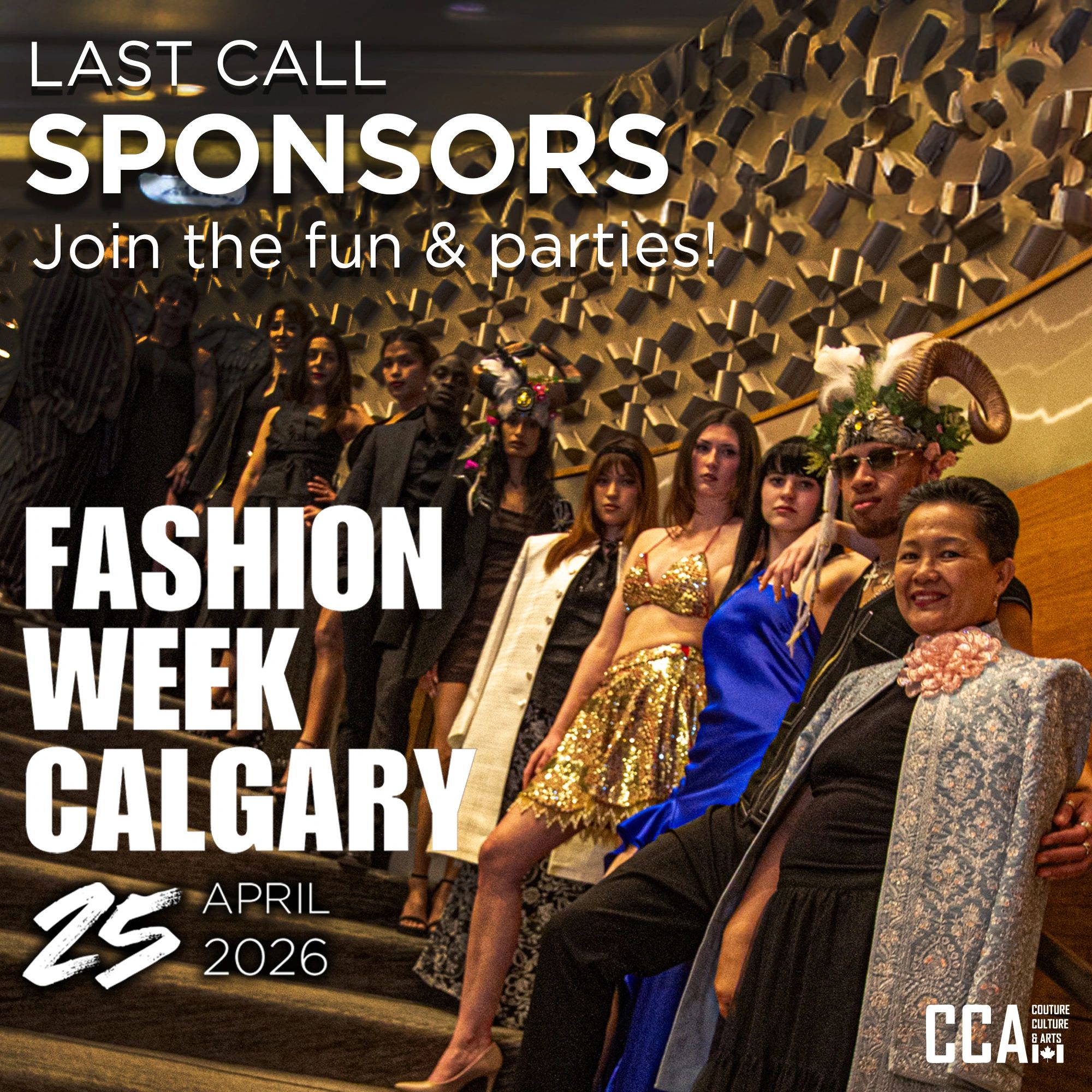 Fashion Week Calgary 2026 poster featuring diverse models on stairs.