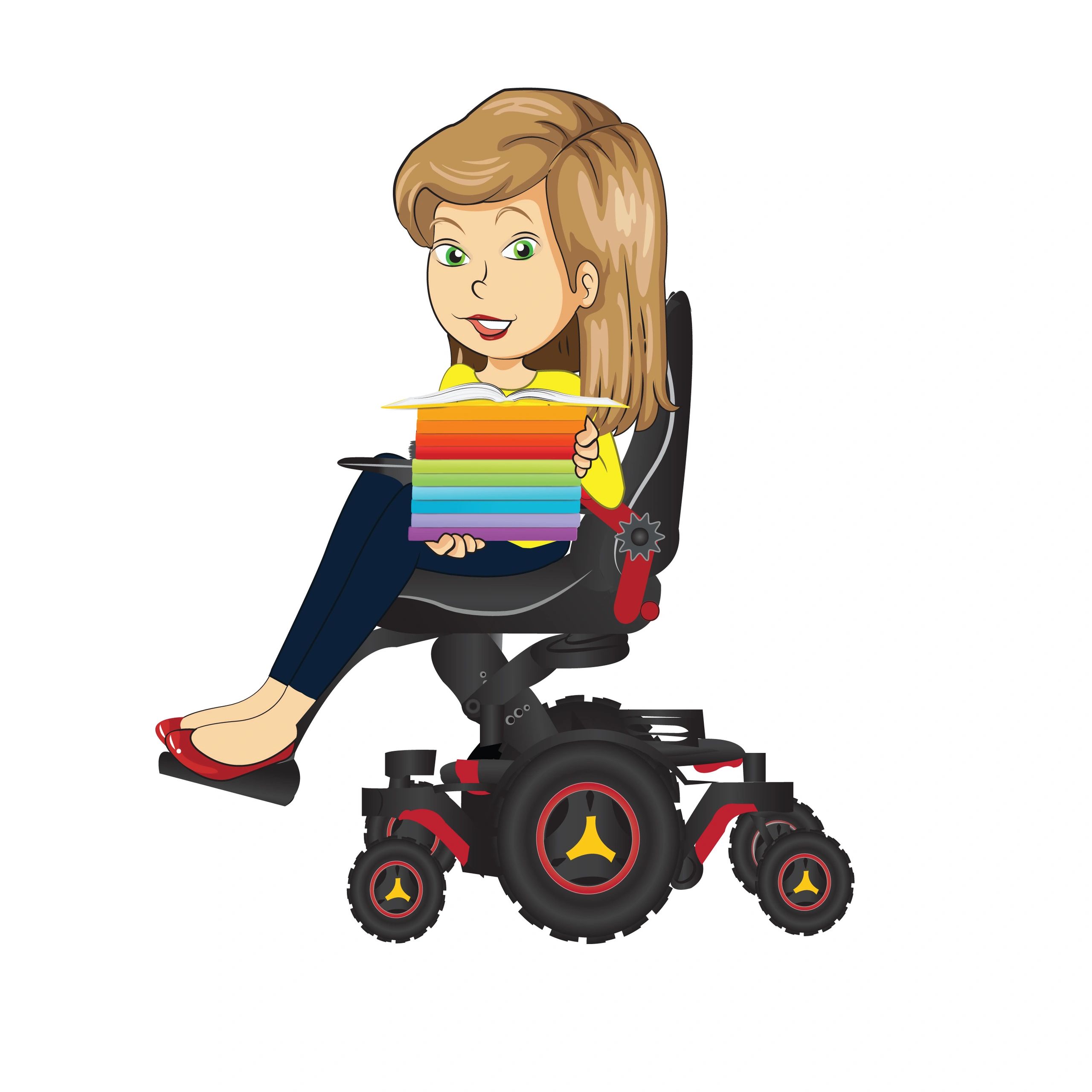 Illustration of a female character using a power wheelchair with ling medium brown hair holding a st