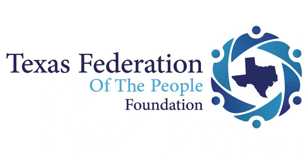 White Background with Dark Blue Letters Stringing together that reads Texas Federation of the People
