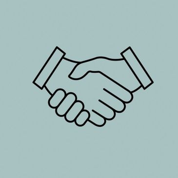 Black handshake icon on a light blue background symbolizing agreement.