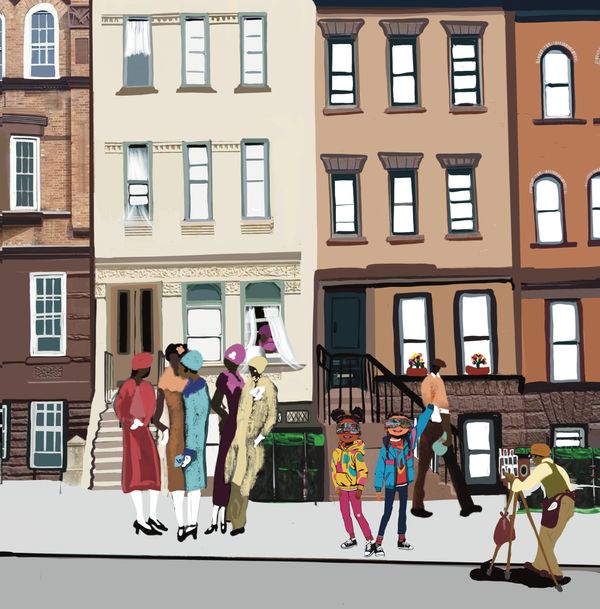 People on a city sidewalk with brownstone buildings.