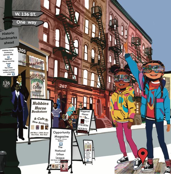 Street scene with historic Harlem bookstore and two children in colorful outfits.