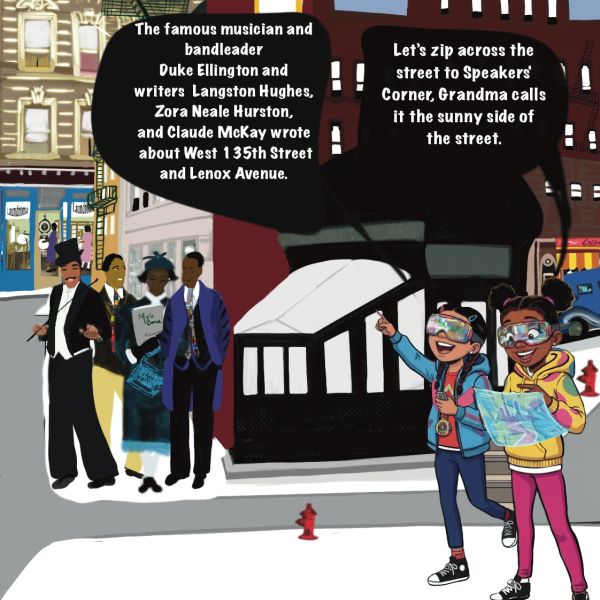 Two kids explore Harlem, mentioning famous artists and Speakers' Corner.