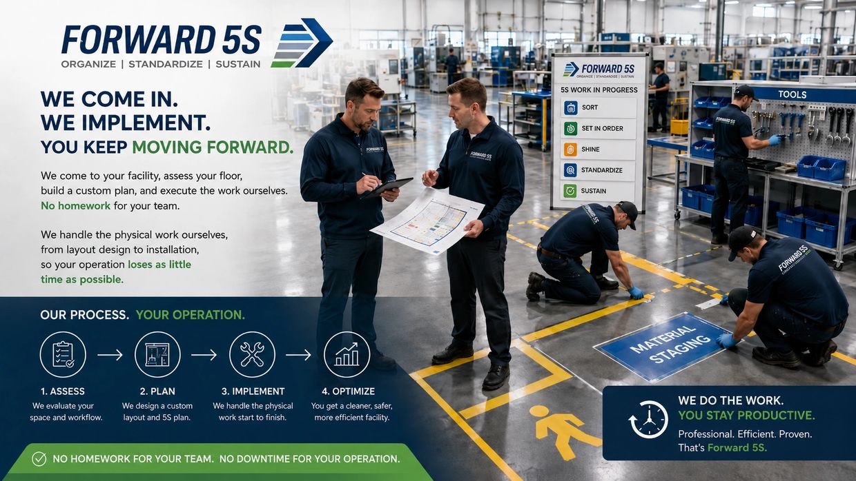 Team implementing 5S workplace organization in a factory setting.