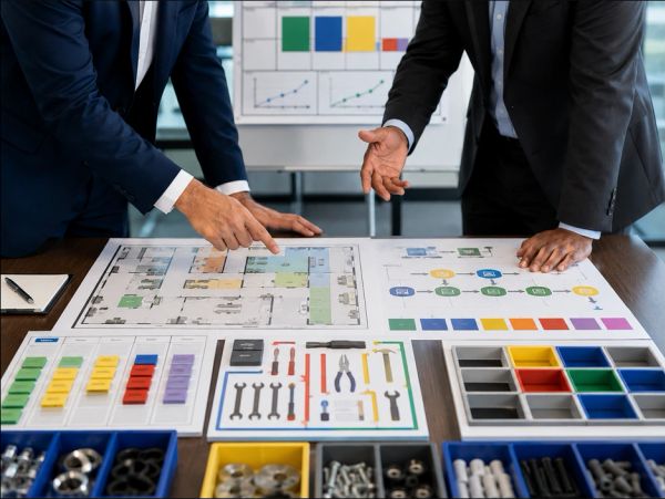 Two businessmen discussing plans and tools over a table.
