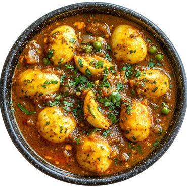A bowl of spicy potato curry garnished with herbs.