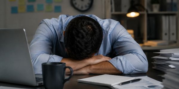 Man with head down on desk, overwhelmed at work.