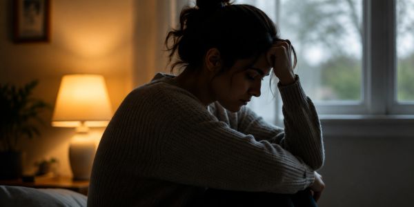 A woman sitting pensively in a dimly lit room near a window.