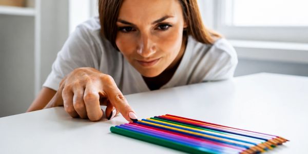 Woman carefully balancing colored pencils on a white table.