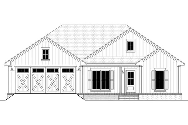 Black and white front elevation drawing of a single-story house with a garage.