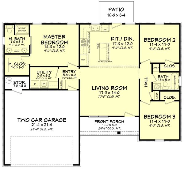 Floor plan of a single-story house with three bedrooms and a two-car garage.