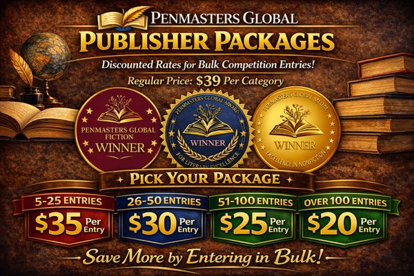 Penmasters Global offers discounted bulk entry rates for publisher packages starting at $20 per entry.