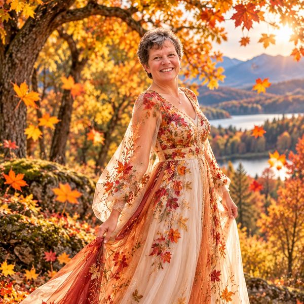 Woman in floral dress enjoying autumn outdoors.