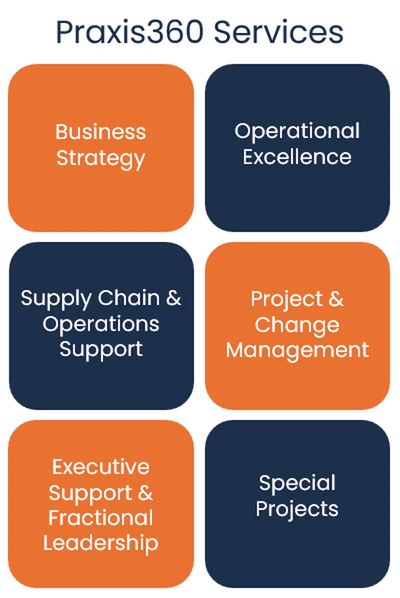 Praxis360 offers services in strategy, operations, leadership, and project management.