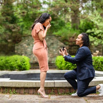 A woman on her knee proposing to her girlfriend. Philadelphia proposal photographer