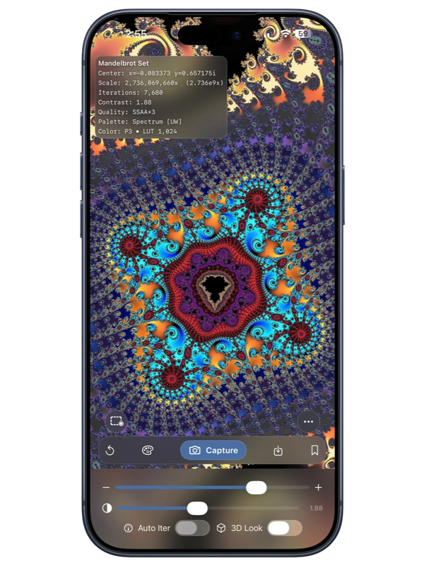Mandelbrot Metal fractal explorer, showing deep zooming on the iPhone
