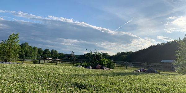 People lying on grass in a sunny open field under a blue sky.