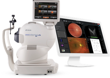 Tonometer and imaging device for eye diagnostics with display screen showing eye scan results.