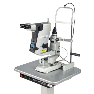 A medical device used for eye examinations, likely a slit lamp.