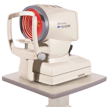 Topcon Aladdin eye examination device with red light on a table.