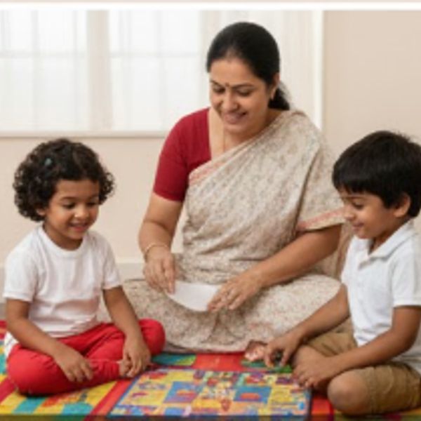 An elderly woman playing a board game with two children.