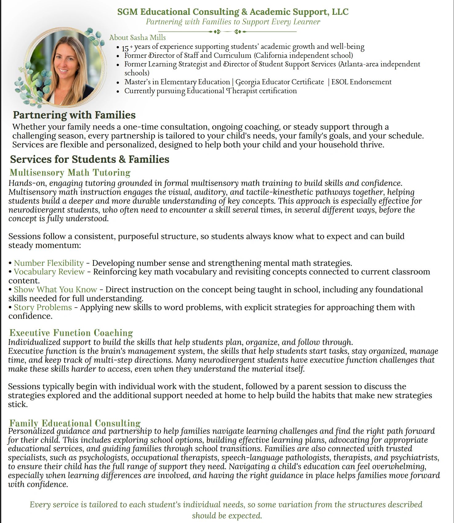 Educational consulting services by Sasha Mills supporting students and families.