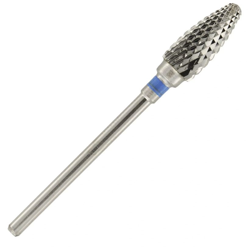 Metal rotary burr tool with a textured cutting head.