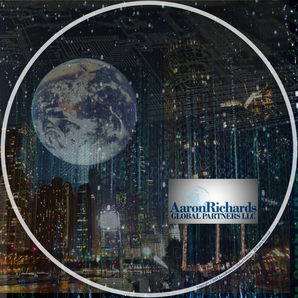 AaronRichards Global Partners LLC neon sign at night with city high rise buildings, lights and Earth