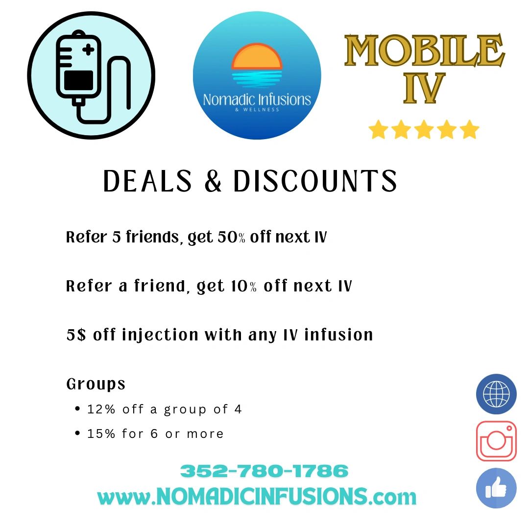 Nomadic Infusions offers IV infusion deals and discounts with referrals and group rates.