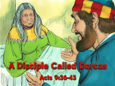Illustration of Dorcas and a disciple with biblical text.