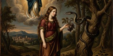 A woman in a red dress near a tree with a snake and grapes.