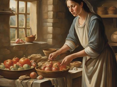 Woman sorting apples in a rustic kitchen.