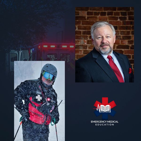 Portrait of a man in formal wear and another in ski rescue gear.